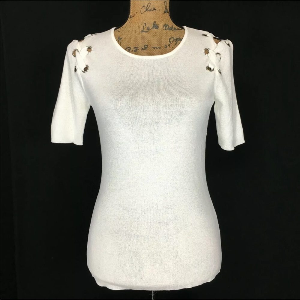 ZERO DEGREES CELSIUS Sweater S White Sexy Lace Up Shoulder Viscose Knit Top‎ NWT